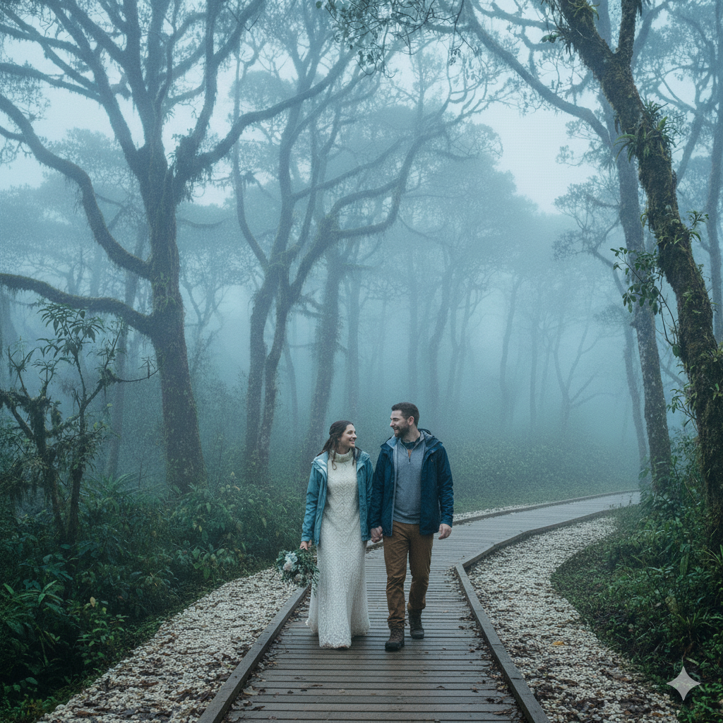 Pareja de bodas riendo en el bosque nuboso de Monteverde